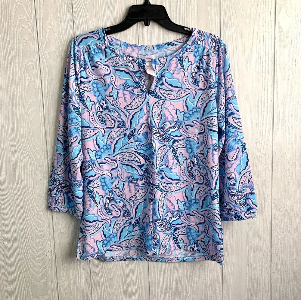 Stella Parker Blue Pink Blue Jay 3/4 Sleeve Top UPF 50 Medium NWT